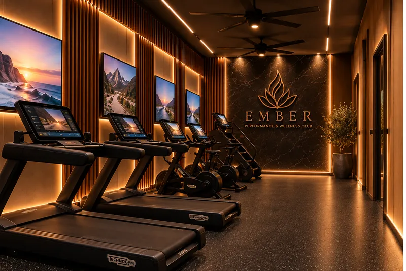 EMBER Cardio Club with a row of treadmills and screens along a lit wood-slat wall