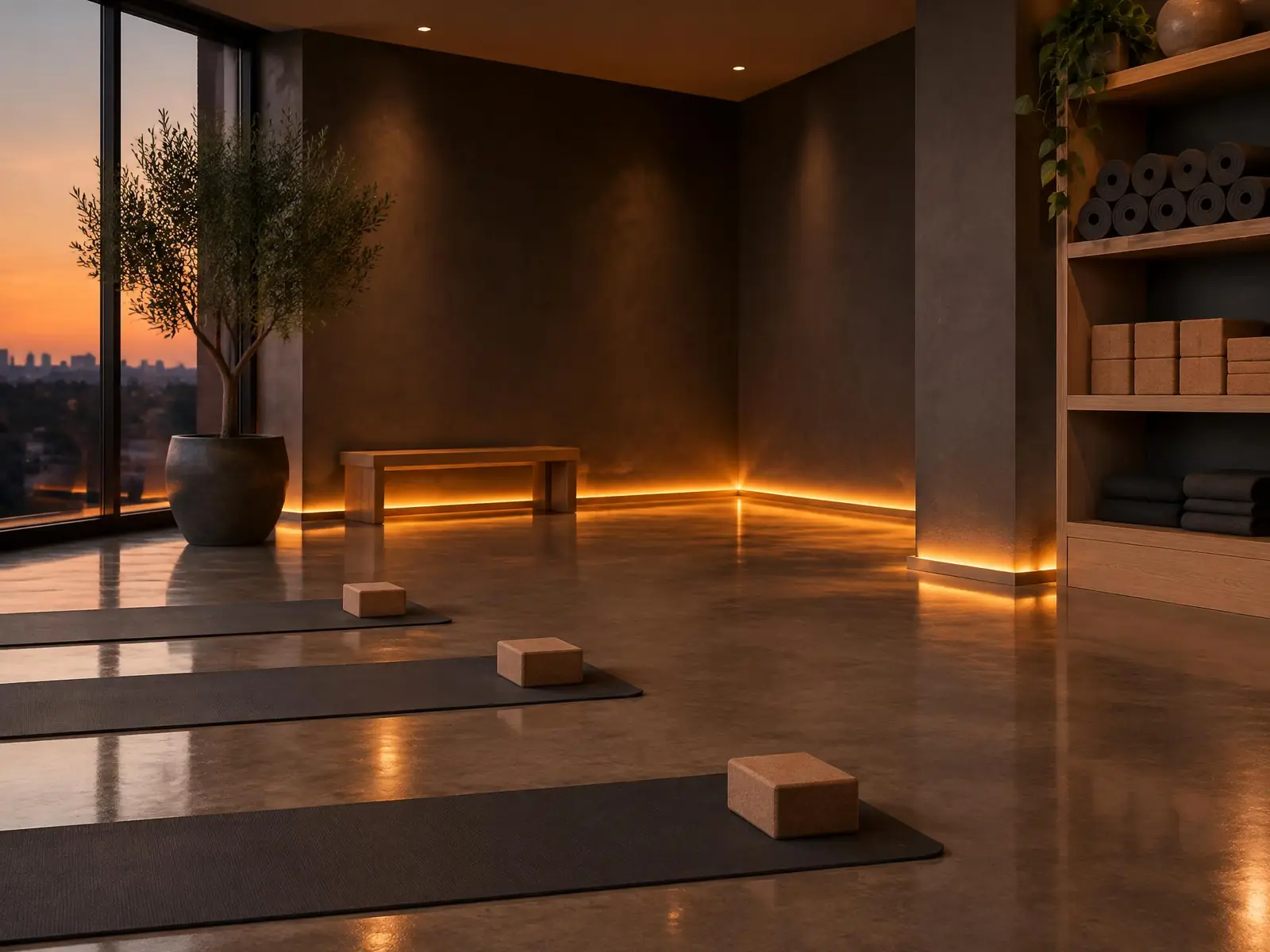 Warm, low-lit studio room with a pale wood floor, plants and light spilling across the wall