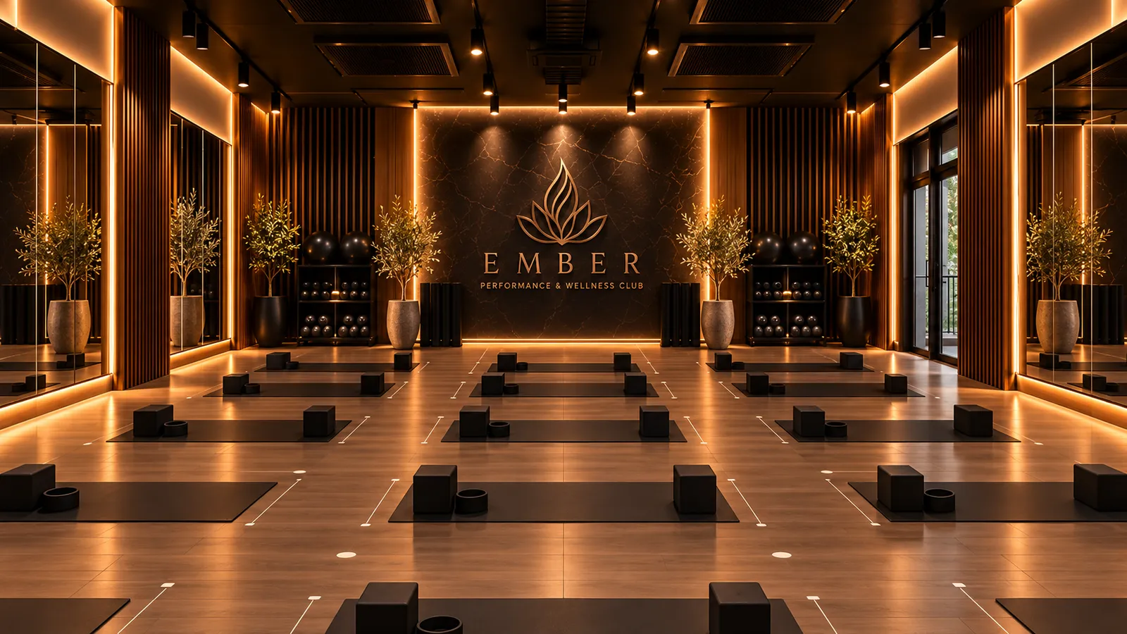 EMBER hot yoga club with rows of mats under warm amber wall lighting