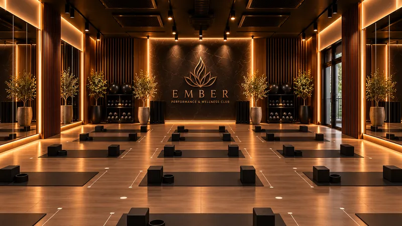 EMBER hot yoga club with rows of mats and blocks under amber wall lighting