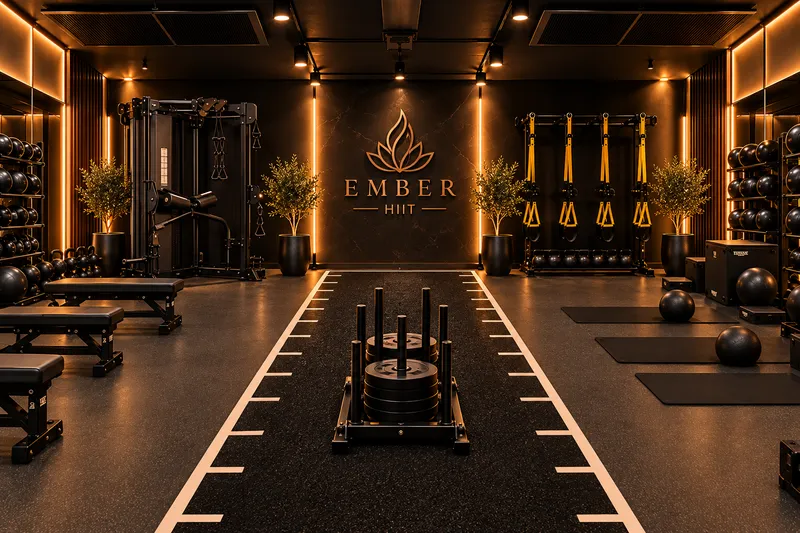 EMBER Circuit club with a sled track, racks, kettlebells and a branded logo wall