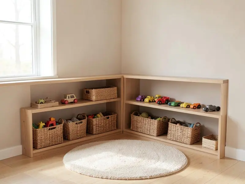 Tidy childcare playroom corner with low wooden shelves, baskets of toys and a round cream rug