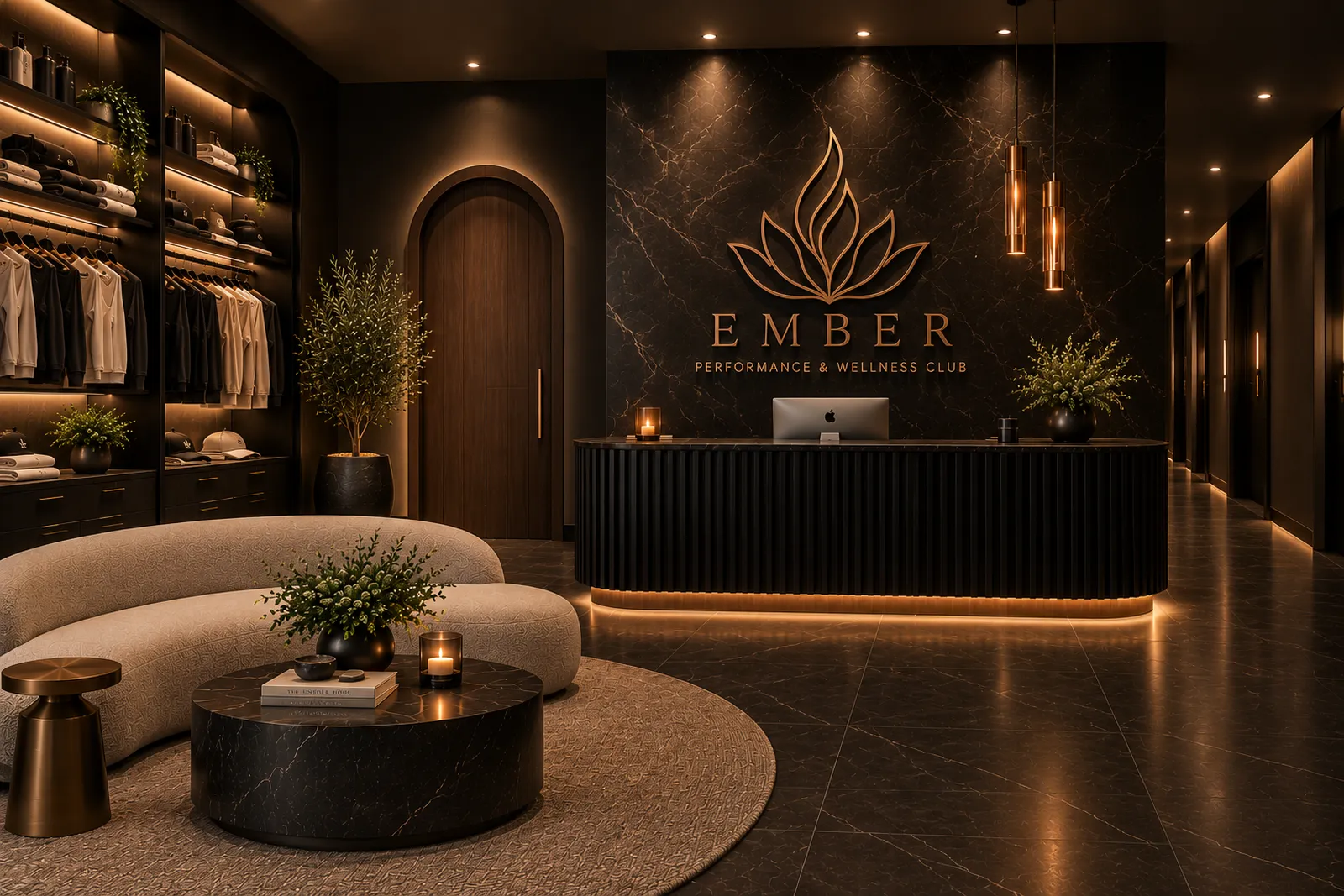 EMBER lobby with a curved lounge sofa, retail shelves and the lotus logo behind the front desk