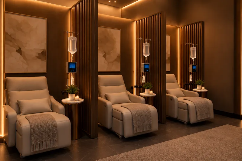 EMBER IV therapy lounge with cream recliners and IV stands between wood-slat panels
