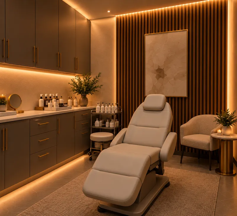 EMBER wellness treatment room with a cream treatment chair and warm cabinet lighting