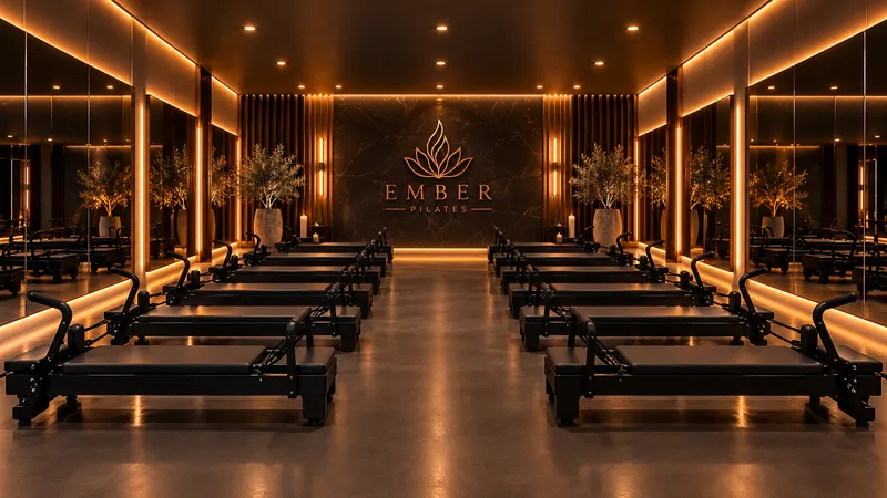 EMBER Pilates club with rows of black reformers beneath warm cove lighting