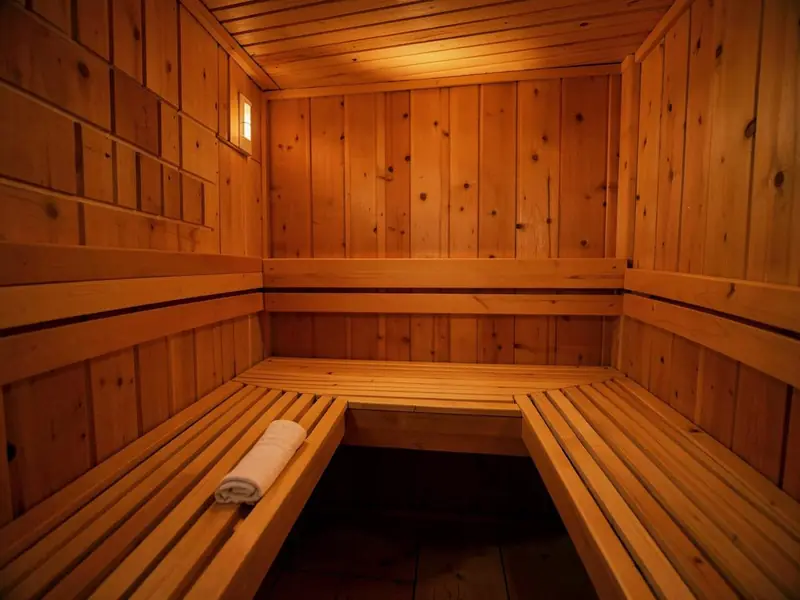 Interior of a cedar sauna with slat benches, warm lighting and a rolled white towel